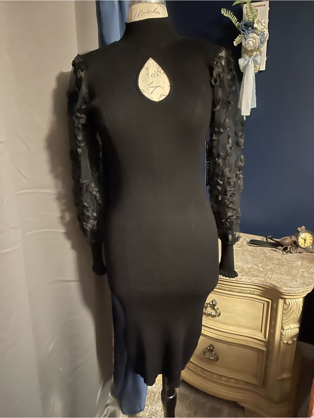 Absolutely Famous Black Ribbed Bodycon Dress with Sheer Floral Long Sleeves